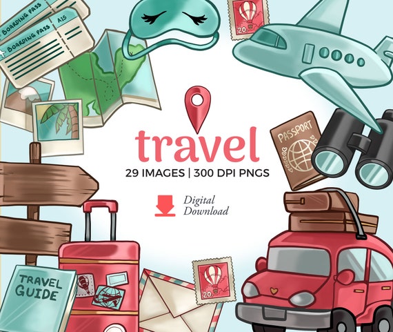 Travel Clipart Illustrations: Wanderlust Adventure PNG Graphics, Car, Plane, Boat (Digital Download)