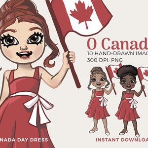 Ilustração de clipart de boneca da moda do dia do Canadá | Clipart de vestido vermelho | Garota da moda, garota planejadora, adesivo de planejador de 1º de julho, bandeira do Canadá