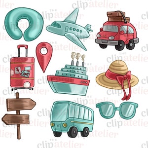 K&ouml;nnte beinhalten: Eine Sammlung von Illustrationen zum Thema Reisen. Enth&auml;lt ein t&uuml;rkisfarbenes Nackenkissen, ein Flugzeug, ein rotes Auto mit Gep&auml;ck, einen Koffer, eine Standortmarkierung, ein Kreuzfahrtschiff, einen Sonnenhut mit roter Schleife, ein Holzschild, einen Bus und eine t&uuml;rkisfarbene Sonnenbrille.