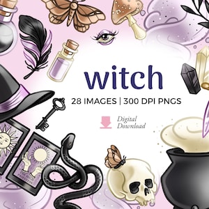 Imágenes prediseñadas de brujas / Descarga PNG de brujas / Ilustraciones familiares de brujas / Sombrero de bruja, gato negro png, cartas del tarot, pociones y libro de hechizos png