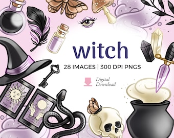 Witch Clipart Set: Familiars, Tarot Card, Cauldron & Potions (PNG Download)