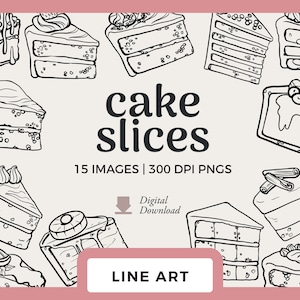 Dessin au trait de tranches de gâteau | Images Clipart Dessinés à la main | Timbres numériques et images PNG pour scrapbooking | Gâteau renversé à l'ananas, gâteau au fromage, gâteau d'anniversaire
