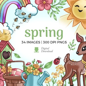 Imagens de clipart de primavera | Download de PNG de primavera | Imagem floral sazonal | arquivo png de veado e coelho, animais de primavera, pássaros, abelhas e borboletas