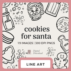 Kekse für Santa Line Art | Weihnachten Handgezeichnete Clipart Bilder | Urlaub Digitale Briefmarken und Scrapbooking PNGs | Milch und Zucker Kekse