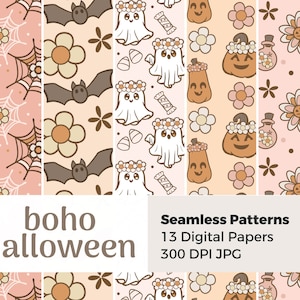 Modelli senza cuciture Boho Halloween / Pacchetto di carta digitale Kawaii spettrale / Pagine di album boho carine, zucche, fantasmi e file Jpg floreali