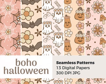 Boho Halloween Digital Paper Pack: Spooky Kawaii Seamless Patterns (12x12 inch JPG Files)