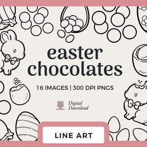 Osterschokolade Line Art | Handgezeichnet Clipart Bilder | Schoko Osterhasen und Ostereier | Süßes Leckerbissen Clip Art für den kommerziellen Gebrauch