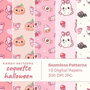 Kokette Halloween Muster | Kawaii Digitales Papier | Niedliche Rosa Geister Scrapbookseiten, Kürbisse, Schleifen und Schleifen Jpg Dateien