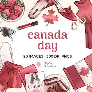 Canada Day Mode Clipart Illustrationen | Kanadische Flat Lay PNG Download | Poutine Graphic, Nanaimo Bars PNG, Planer Girl PNG Bilddateien