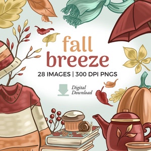 Images Clipart Automne | Téléchargement PNG | Images de pull et chapeau douillets | Graphique de thé, image de citrouille, clipart parapluie, fichier png de feuille