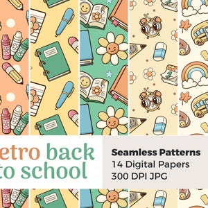 Motifs groovy pour la rentrée scolaire sans couture | Paquet de papier numérique | Fleurs et fournitures scolaires groovy, pages de scrapbooking, livres et autobus scolaire