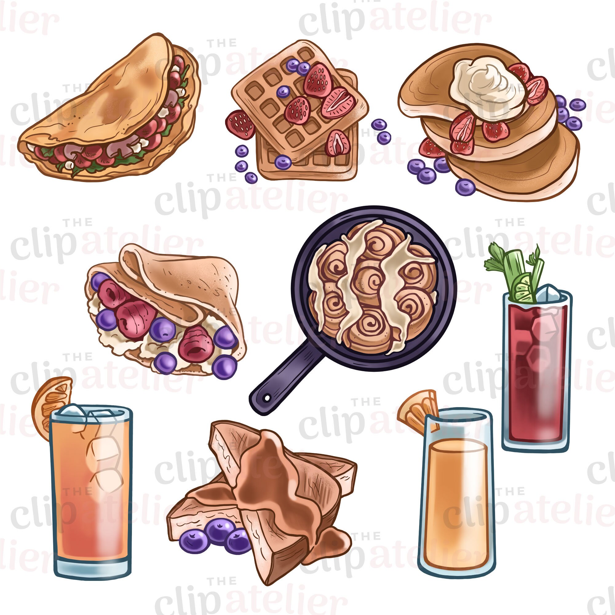 A collage of unlimited brunch dishes like eggs, pancakes, and drinks