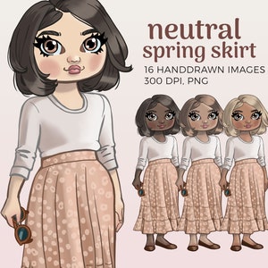 Fashion Doll Clipart: Neutral Spring Skirt, Planner Girl (PNG)