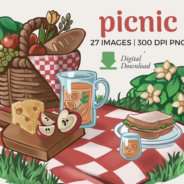 Picnic Clipart Illustrations | Summer Picnic Digital Download | Food clipart, Picnic basket png, picnic blanket images, pie graphics