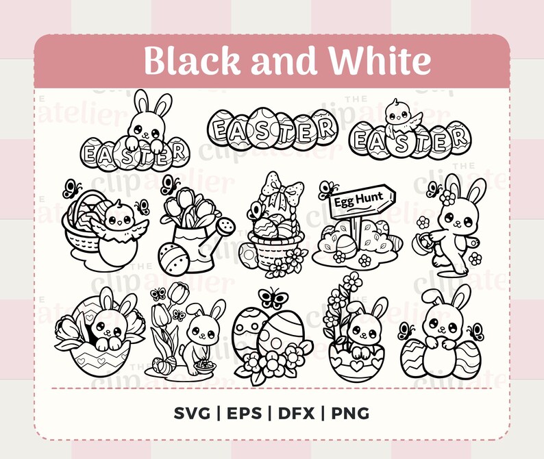 Happy Easter SVG Clipart Bundle: Hand Drawn Bunny, Chick & Eggs (PNG ...