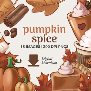 Pumpkin Spice Clipart: Autumn Dessert Graphics, Pumpkins, Lattes & Pie (Digital Download)