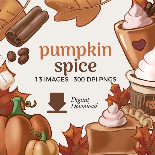 Pumpkin Spice Clipart illustrations | Autumn Clip Art Instant Download |  Pumpkin pie clipart, pumpkin spice latte clipart | Fall Graphics
