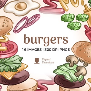Burger Clipart Illustrations: BBQ Graphics, Toppings, Buns and Burger patties (PNG Digital Download)