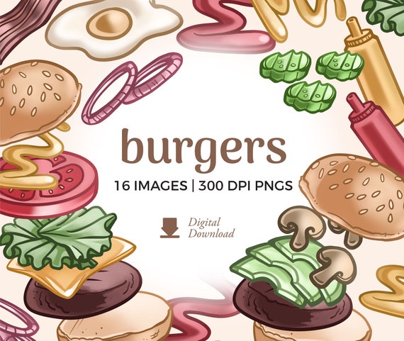 Burger Clipart Illustrations: BBQ Graphics, Toppings, Buns and Burger patties (PNG Digital Download)