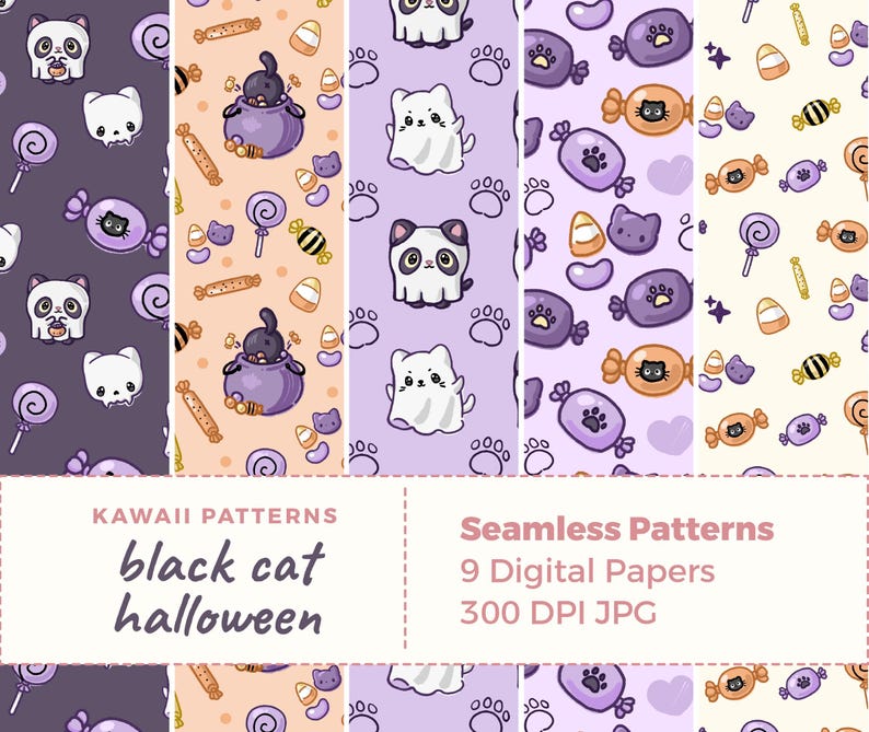 Kawaii Black Cat Halloween Patterns | Spooky Kittens Digital Paper Pack ...