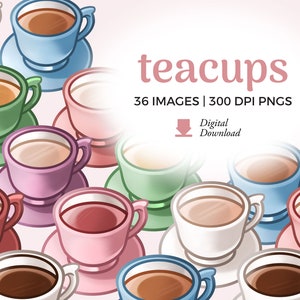 Puede incluir: Una colección de 36 tazas de té coloridas con varios diseños y colores. Las tazas de té están dispuestas en un patrón circular sobre un fondo rosa claro. El texto "teacups" está escrito en una fuente grande de color rosa en la parte superior de la imagen. El texto "36 IMAGES | 300 DPI PNGS" está escrito debajo de la palabra "teacups".