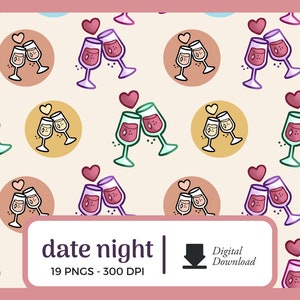 Iconos del planificador de citas nocturnas / Copas de vino PNG Descargar / gráficos png románticos, pegatinas digitales funcionales, archivos de imagen png de uso comercial