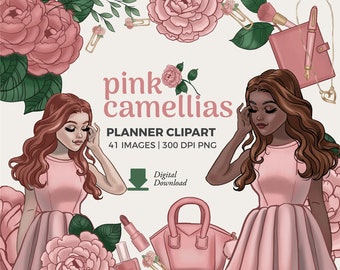 Pink Camellia Planner Girl Clipart: Fashion Illustration Set (Digital Download)