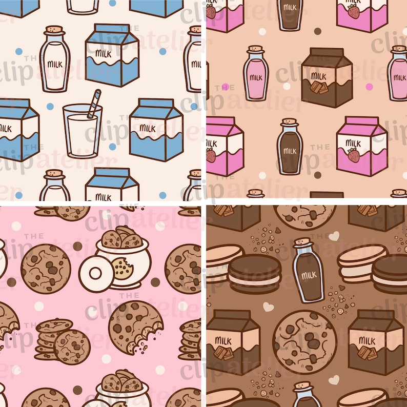 Cookies and Milk Seamless Patterns | Cookie Jar Digital Paper Pack | Chocolate chip cookies and milk scrapbook pages, fun Jpg image files
