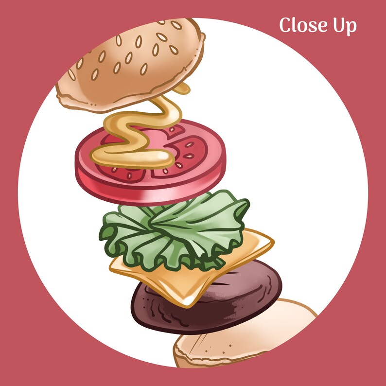 May include: A close-up of a hamburger being assembled. The ingredients include a sesame seed bun, a tomato slice, lettuce, cheese, and a patty. The bun is on top, and the patty is on the bottom.