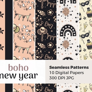 Naadloze boho-nieuwjaarspatronen | Digitaal papierpakket nieuwjaarsfeest | Plakboekpagina's met regenbogen, boho-vormen en vuurwerk, jpg-afbeeldingsbestanden