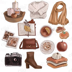 May include: An illustration of autumn-themed objects. It features a white jumper, brown scarf, candles, a book with a leaf, a handbag, a camera, a boot, biscuits, an apple, a cup of tea, and folded sweaters.