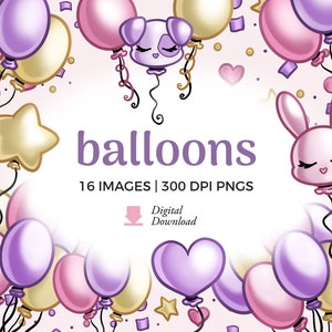 Ilustrações de clipart de balão | Download de gráficos de balões de festa desenhados à mão | Convites para festas, clipart de aniversário, pequeno uso comercial