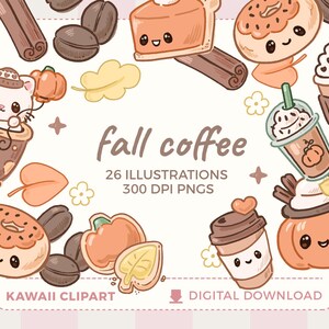 かわいい秋のコーヒークリップアート | 猫、パンプキンスパイス、シナモン、コーヒー豆（PNGファイル）
