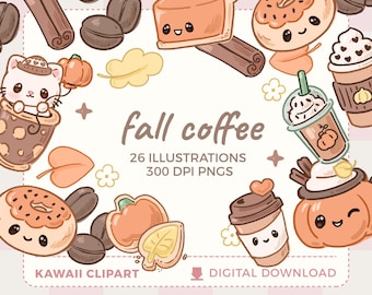Kawaii Fall Coffee Clipart | Cats, Pumpkin Spice, Cinnamon & Coffee Beans (PNG Files)