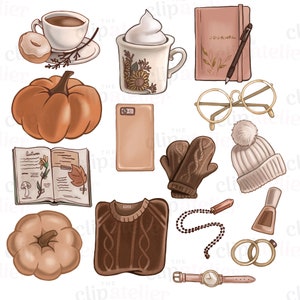 May include: An illustration of autumn-themed objects. It features a coffee cup, a mug with cream, a journal, a pen, glasses, a pumpkin, a phone, mittens, a hat, a sweater, a necklace, nail polish, rings, and a watch.