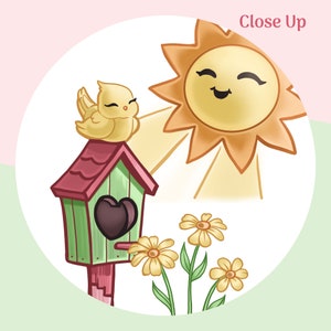 May include: A yellow bird sits on a green birdhouse with a red roof and a heart-shaped opening. The birdhouse is surrounded by yellow flowers and a smiling yellow sun with rays.