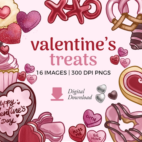 Valentine Treats Clipart illustrations | V-Day Candy Instant Download | Chocolate Hearts clipart, Romantic Cookies | Red & Pink Graphics