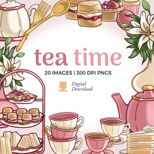 Illustrations Clipart Thé | Thé de l'après-midi PNG en téléchargement numérique | Images clipart de tasses à thé, fichiers image de la théière, graphiques de dessert, gâteau PNG