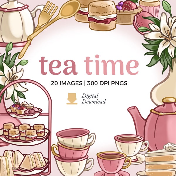Tea Party Clipart Illustrations | Afternoon Tea PNG Digital Download | Tea cups clipart, Teapot Image files, dessert graphics, Cake PNG
