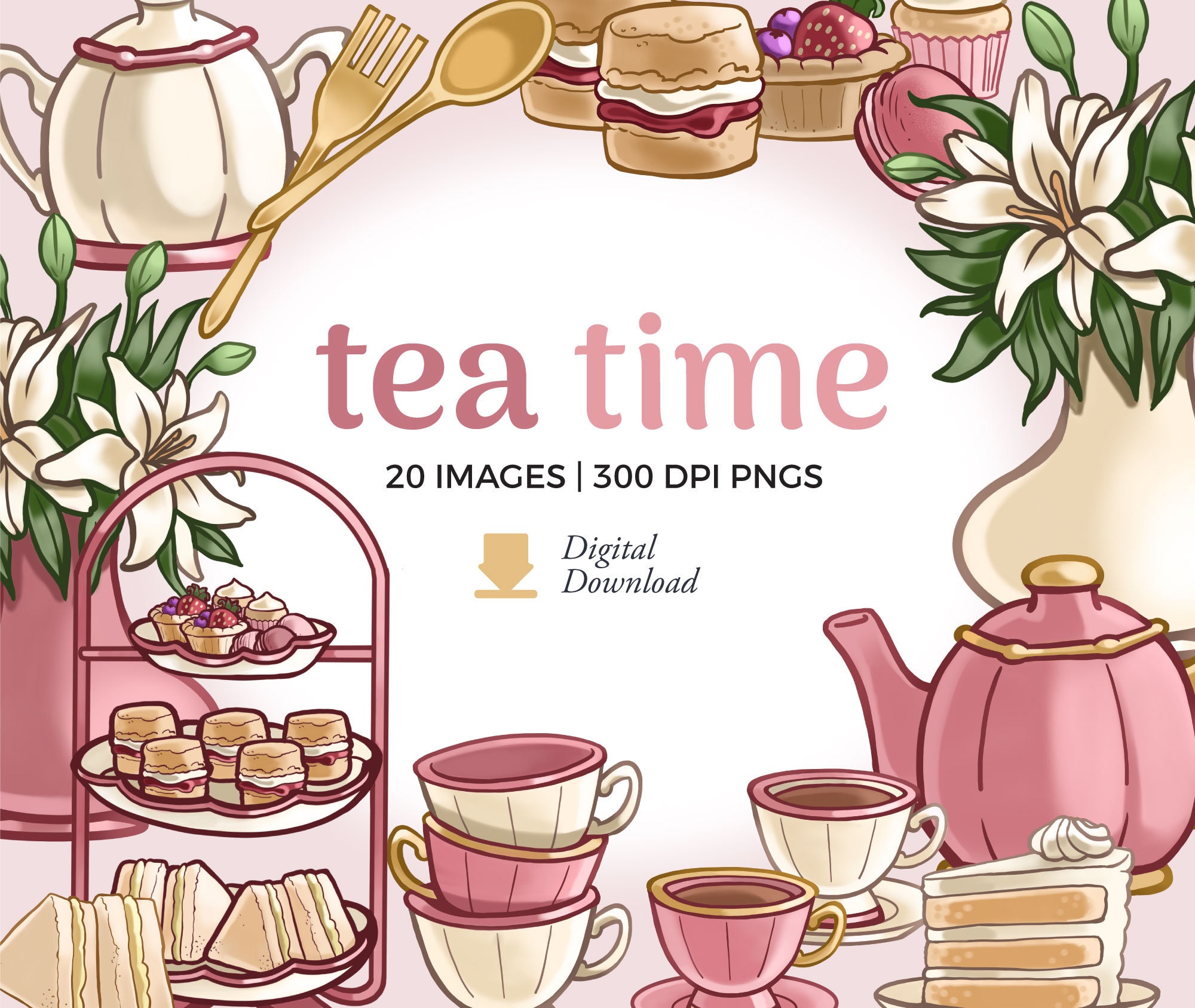 Tea Party Clipart Illustrations Afternoon Tea PNG Digital Download ...