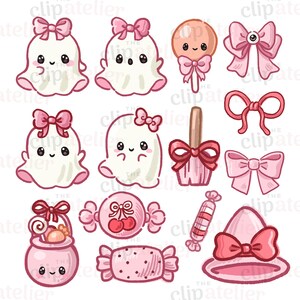 以下が含まれることがあります： キュートなピンクをテーマにしたイラストのコレクション。画像には、リボンをつけた漫画の幽霊、リボン、ロリポップ、マニキュアボトル、魔女の帽子、さまざまなキャンディーが描かれています。イラストはカワイイ風です。