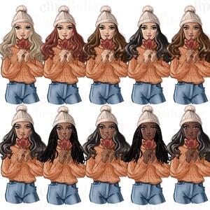 May include: Digital illustration of ten women with varying skin tones and hairstyles. Each woman wears a white knitted hat, orange jumper, and blue jeans. They hold a red autumn leaf. The background is white.