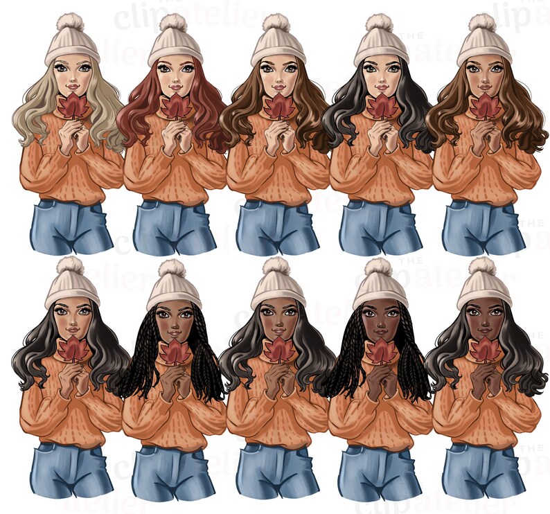 May include: Digital illustration of ten women with varying skin tones and hairstyles. Each woman wears a white knitted hat, orange jumper, and blue jeans. They hold a red autumn leaf. The background is white.