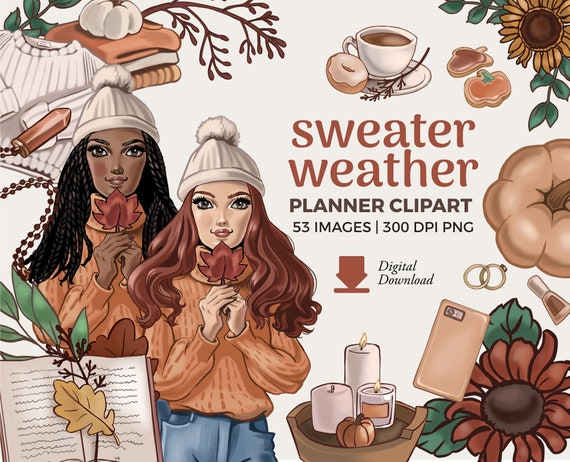 Fall Planner Girl Clipart: Sweater Weather Autumn Fashion PNGs (Digital Download)
