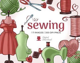 May include: A digital illustration set of sewing themed clipart. The set includes a sewing machine, spools of thread, buttons, scissors, a needle and thread, and a dress form. The text "sewing" is written in a large, bold font. The text "17 images | 300 DPI PNGs" is written below the word "sewing". The text "Digital Download" is written below the image of a download arrow.