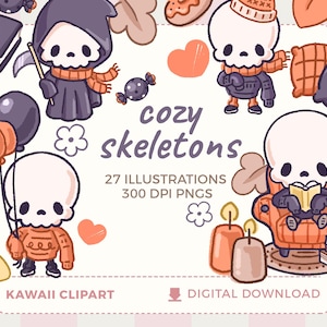 Può includere: Illustrazione digitale di simpatici scheletri in pose accoglienti. Uno scheletro indossa un costume da mietitore, un altro un cappello e una sciarpa. L'immagine include il testo "cozy skeletons" e "27 illustrazioni".
