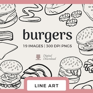 Burger Line Art / Immagini clipart di barbecue disegnate a mano / Timbri digitali e PNG per scrapbooking / Guarnizioni per hamburger, condimenti, panino al sesamo