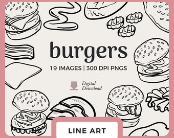 Burger Line Art | Hand-Drawn BBQ Clipart Images | Digital Stamps and Scrapbooking PNGs | Hamburger toppings, condiments, sesame bun
