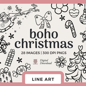Boho Christmas Line Art | Imagens de clipart de férias desenhadas à mão | Selos digitais e PNGs de scrapbooking | Trenó do Papai Noel, flocos de neve, renas