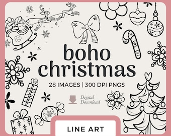Boho Christmas Line Art Clipart: Black & White Holiday PNG Drawings (Digital Download)